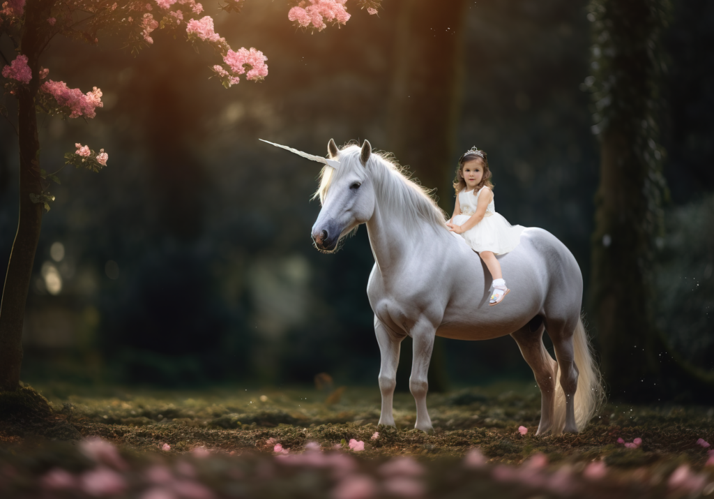 girl wearing a crown and sitting on the back of a white unicorn in a magical forest